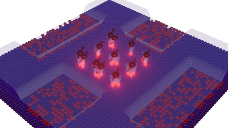Researchers created a grid of quantum dots (center) ranging from one to three phosphorus atoms deposited onto a plane embedded in silicon and studied the properties of electrons injected into the grid.