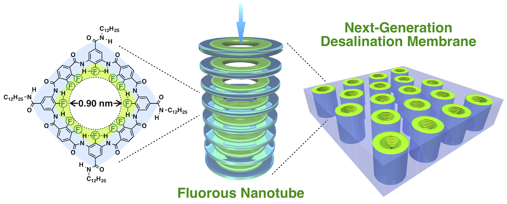 Fluorous nanotubes. Reducing the energy and thus financial cost, as well as improving the simplicity of water desalination