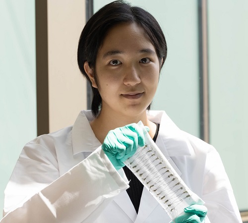 Rice graduate student Natsumi Komatsu shows a carbon nanotube fiber-enhanced, flexible cotton fabric that turns heat into enough energy to power an LED