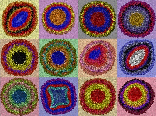 A representation of multilayer lipid vesicles inspired by “Color Study: Squares with Concentric Circles,” by the artist Wassily Kandinsky.