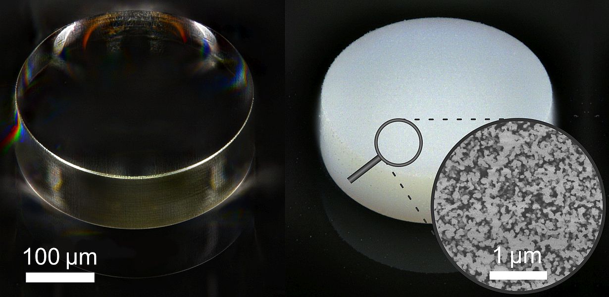 The right microcylinder printed with the novel photoresist appears white, because light is scattered in its sponge-like structure, whereas the cylinder printed with conventional photoresist appears transparent