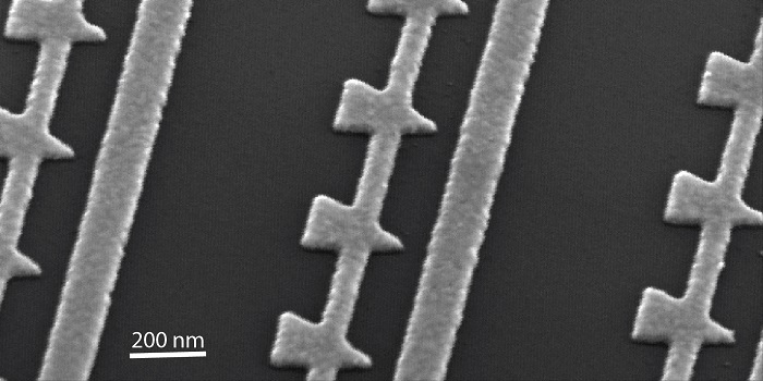Scanning-electron-microscope image of the out of gold fabricated nanoantennas