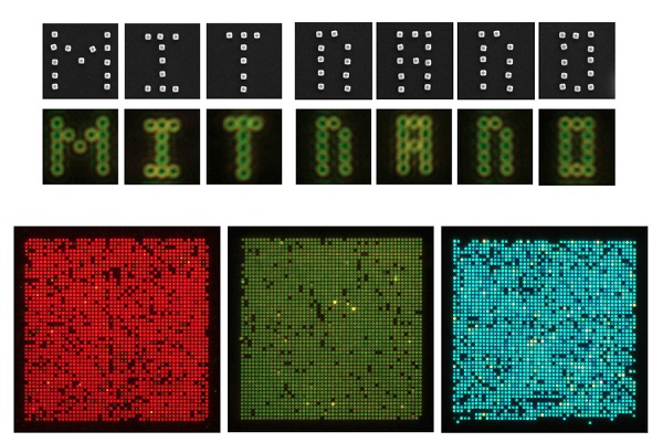 These images show nanoparticles (colored dots) that have been precisely arranged onto different surfaces, using the technique developed by Niroui and her collaborators