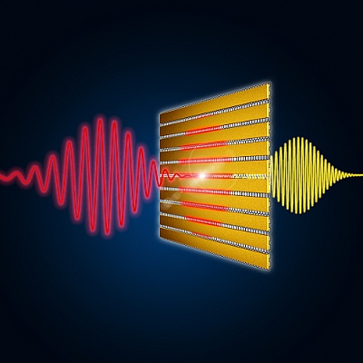 Ultra-thin gold lamellae drastically amplify the incoming terahertz pulses (red) in the underlying graphene layer