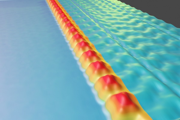 STEM image of a one-dimensional array of F4TCNQ molecules (yellow-orange) on a gate-tunable graphene device