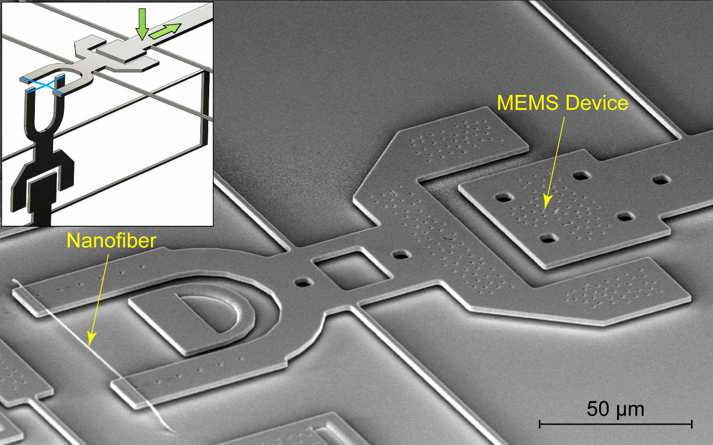 A polymer nanofiber, smaller than one hundredth the size of a human hair, mounted on a MEMS mechanical testing device