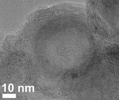 An electron microscope image shows a late stage in the evolution of carbon and fluorine atoms under flash Joule heating