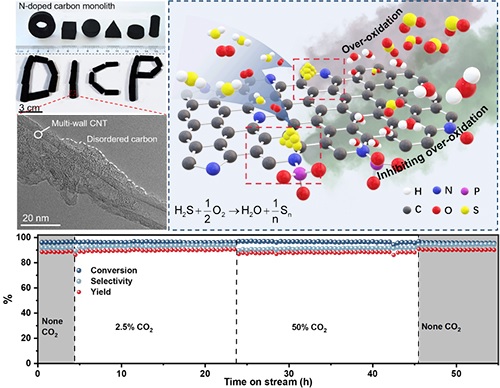 The monolithic nanocarbon catalyst presents superior catalytic performance for H2S selective oxidation with improved sulfur selectivity and impurity tolerance