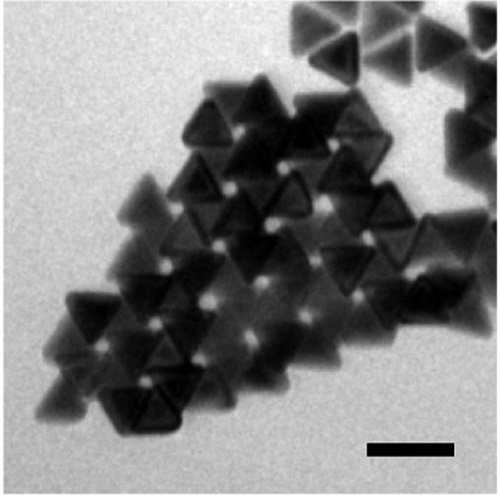 An electron microscope image shows the nanopyramids settled into a pinwheel pattern