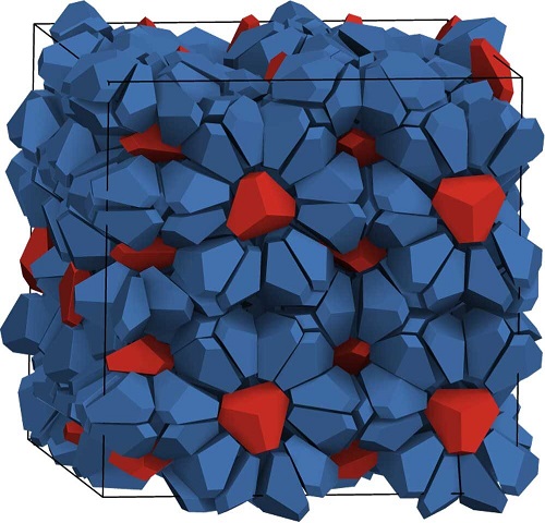 A 3D view of the structure shows the blue bipyramids forming cages around the red guest particles.