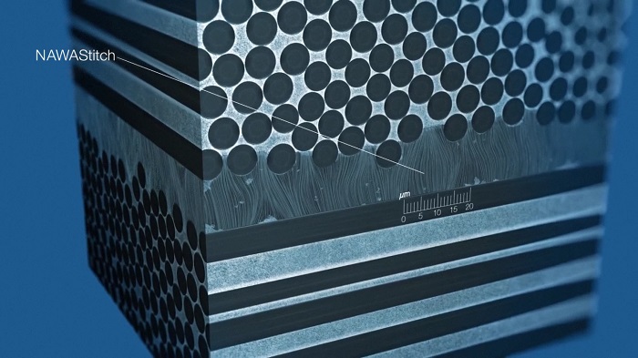 A layer of vertically aligned carbon nanotubes between laminations makes for a much stronger bond