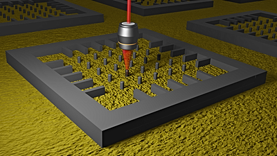 The researchers use an objective lens to test the light output from an array of silicon nanopillars on a chip.