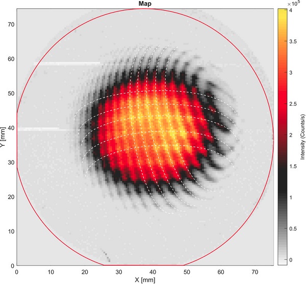 Measurement of a wafer (red circle): The colour scale shows how much light the quantum dots on the wafer emit at wavelengths between 1,000 and 1,300 nanometres – the higher the emission, the higher the density of quantum dots