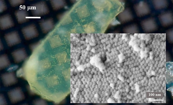 A magnified view reveals nanoscale mesocrystals (inset) starting to assemble and form an ordered supracrystal structure, seen in green