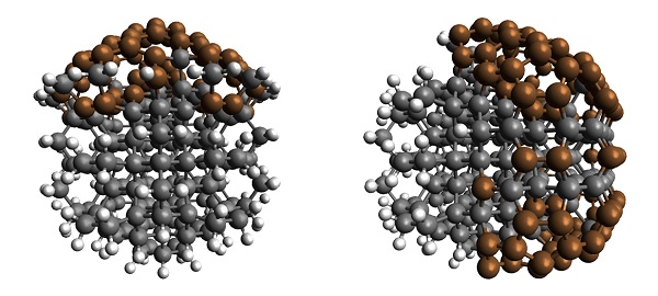 The illustration shows two variants of nanodiamond materials with different surfaces: C230H106 on the left, C286H68 on the right. Sp3 C atoms (diamond) black, sp3x C atoms (fullerene-like) brown, H atoms: Light grey. When the surface is partially covered by hydrogen atoms, nanodiamonds can absorb light  in the visible range and emit electrons into solution.