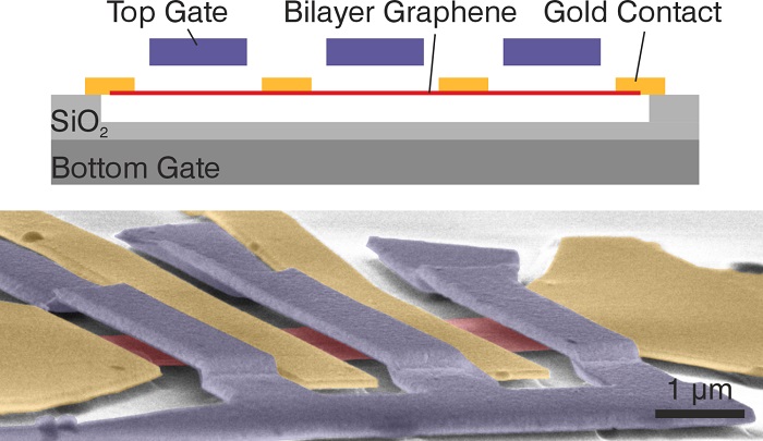 The gold contacts are shown as yellow, the graphene double layers red, and the metal bridge blue.