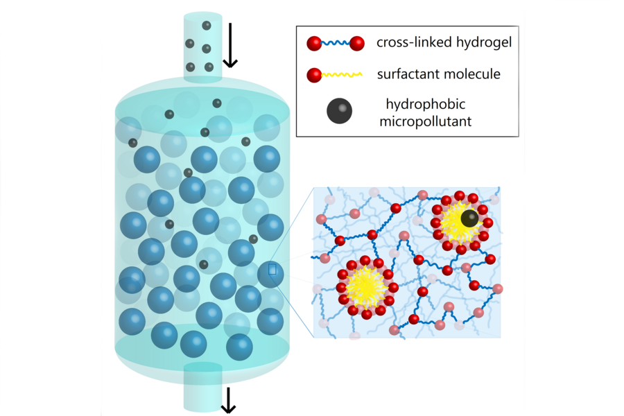 Schematic diagram of micelle-laden hydrogel particles in a packed bed for the removal of micropollutants.