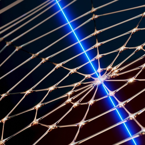“Artist impression of an artificial spider web probed with laser light”