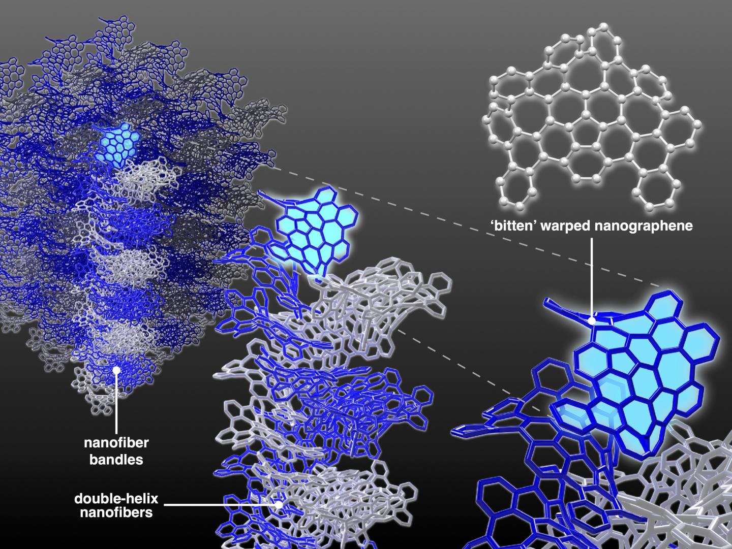 Schematic illustration of hierarchical structures of carbon nanofiber bundles made of bitten warped nanographene molecules