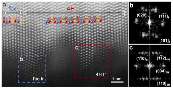 Aberration-corrected HAADF-STEM image of Au@4H/fcc-Ir0.14 nanostructures