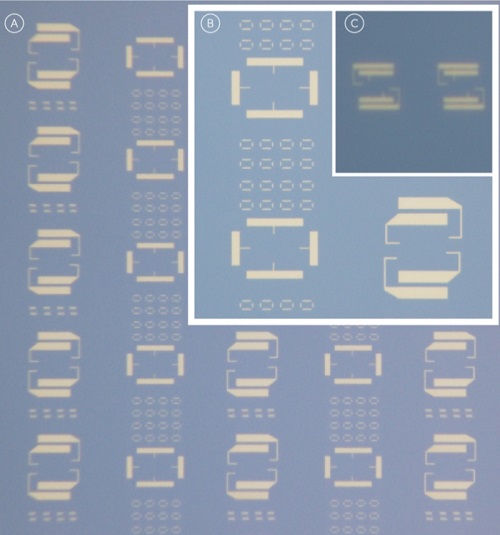 Nanofabricated biochip electrode componentry of a silicon wafer containing patterns of metallic electrodes at various feature sizes down to 100-150 nanometres