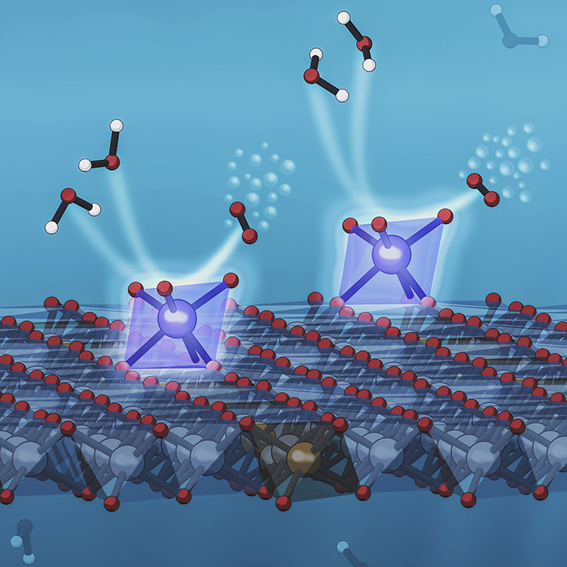 An illustration depicts a new system developed at SLAC and Stanford that anchors individual iridium atoms to the surface of a catalyst