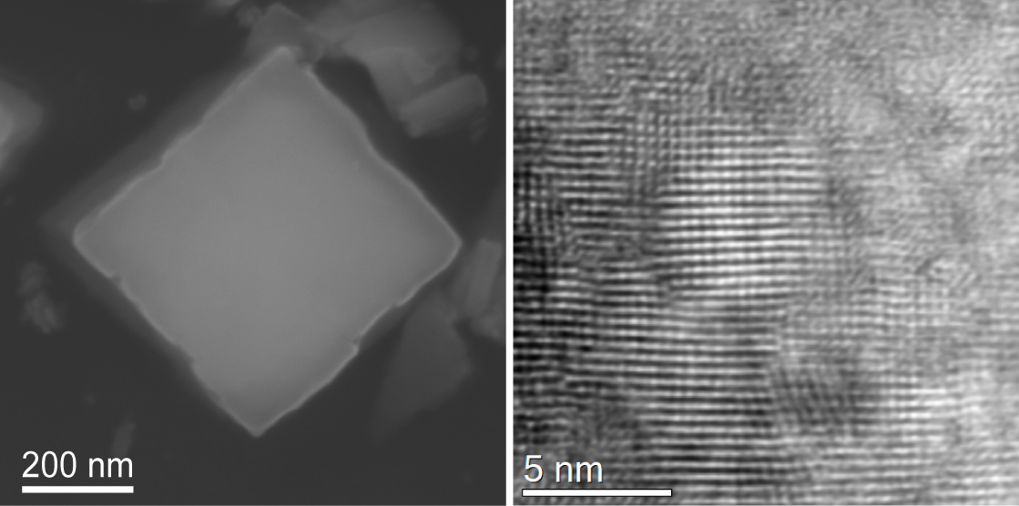 (Left) A single copper-doped tungstic acid nanocrystal; (right) Atomic resolution image of the nanocrystal.