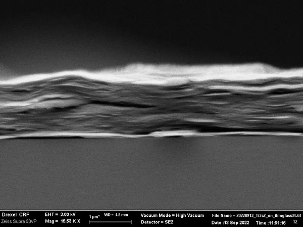 A cross-section of MXene film used in the study. The film is about 1/50 to 1/100 as thick as a human hair