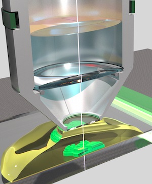 A cutaway schematic shows the two-photon enabled printing process for silica structures with sub-200 nanometer resolution