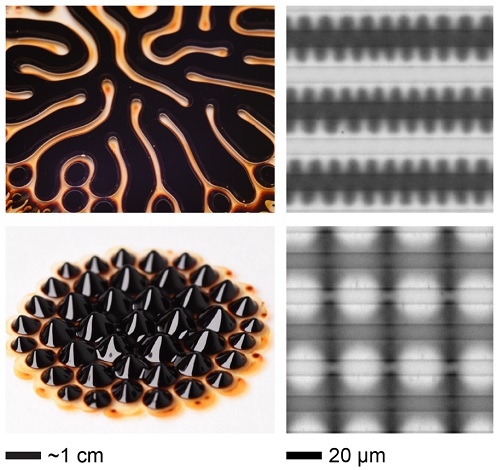 Photographs and micrographs showing the various patterns exhibited by the electroferrofluid: equilibrium patterns in magnetic field only (left) and non-equilibrium patterns created under a combination of electric and magnetic fields (right)