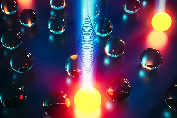 MIT chemists have come up with a way to control the unwanted blinking of quantum dots, depicted here as yellow spheres, without requiring any modification to the formulation or the manufacturing process.