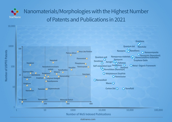 Nanomaterials/morphologies with the highest number of patents and publications in 2021