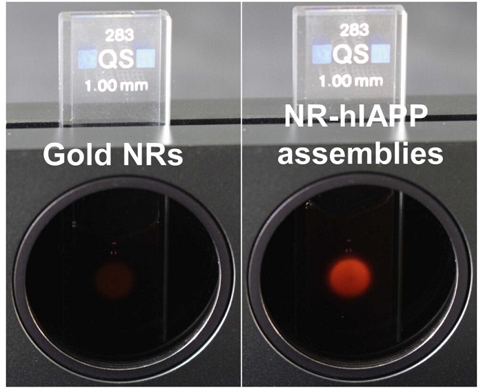 In the device on the left, gold nanorods permit a small amount of light through the two crossed-polarizers