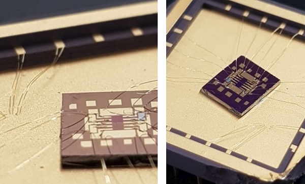 Gallium-oxide at mm scale with graphene devices, integrated on a leadless chip carrier