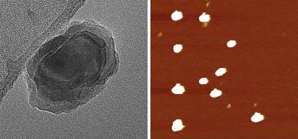 A transmission electron microscope image shows a single nanodiamond with a 70-nanometer diamond core on a carbon grid