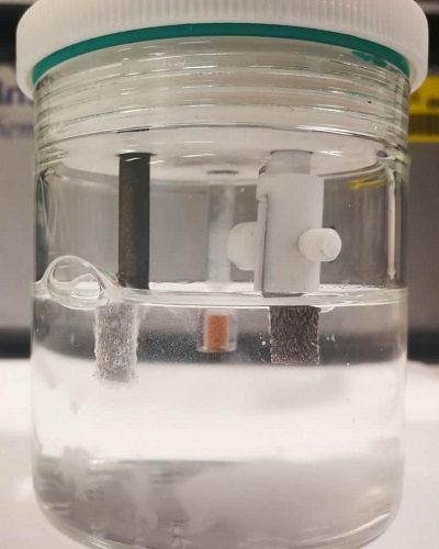 The researchers developed a stable, and long-lasting nanoscale material to catalyze the electrolysis reaction, shown here.