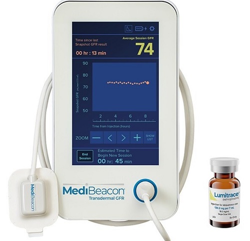 The MediBeacon TGFR is engineered to allow non-invasive detection of the change in patient levels of a fluorescent tracer agent. As of 15 September 2023, MediBeacon products are not approved for human use.