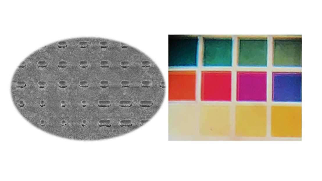 Codable colors (R) reflected by the silver nanostuctures (L) developed in the Nanophotonics and Metrology Lab