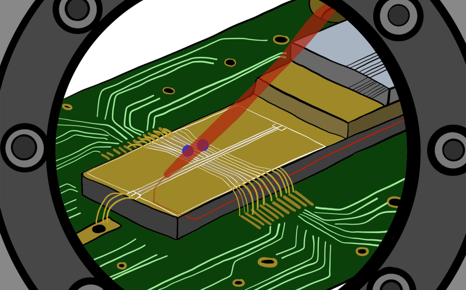 The laser light (red) for controlling the two trapped ions (blue) is delivered to the ion traps inside the chip