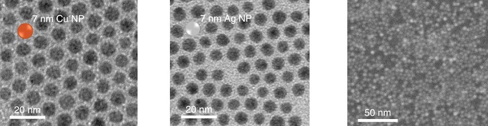 Electron microscopy images of 7-nanometer-diameter copper nanoparticles (shown left) and silver nanoparticles (center)