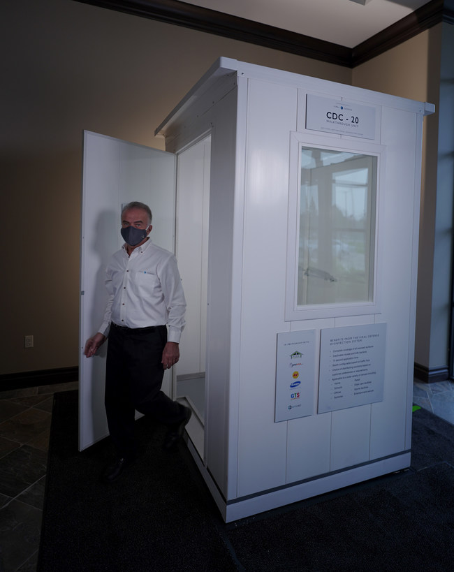 Viral Defense walk-through booths utilize a fine mist of nano-particles to safely deactivate viruses on people
