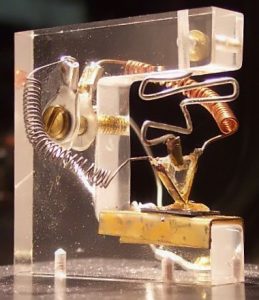 Replica of the first transistor made by Schockley, Bardeen and Brattain in 1947.