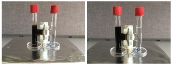 At the beginning of the experiment, the lithium polysulfides are only on the left side of the battery cell, for both the industry Celgard membrane (left) and the U-M aramid nanofiber membrane (right)