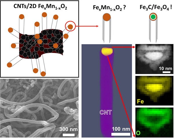 Electron micrograph of carbon nanotubes (lower left), chemical mapping of catalyst particles (lower right) and refined schematic of carbon nanotube growth (top)