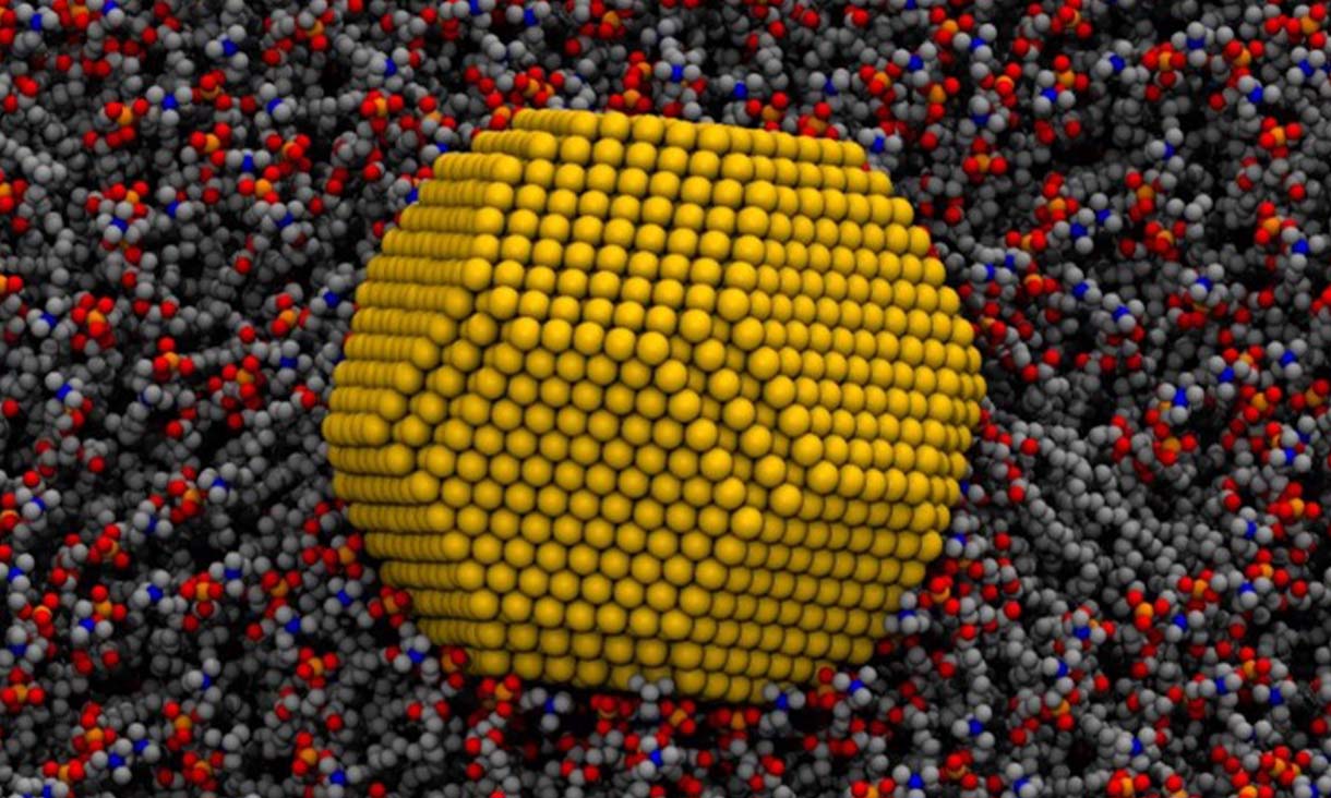 A computer-generated image of a single gold nanoparticle rolling along a cell membrane