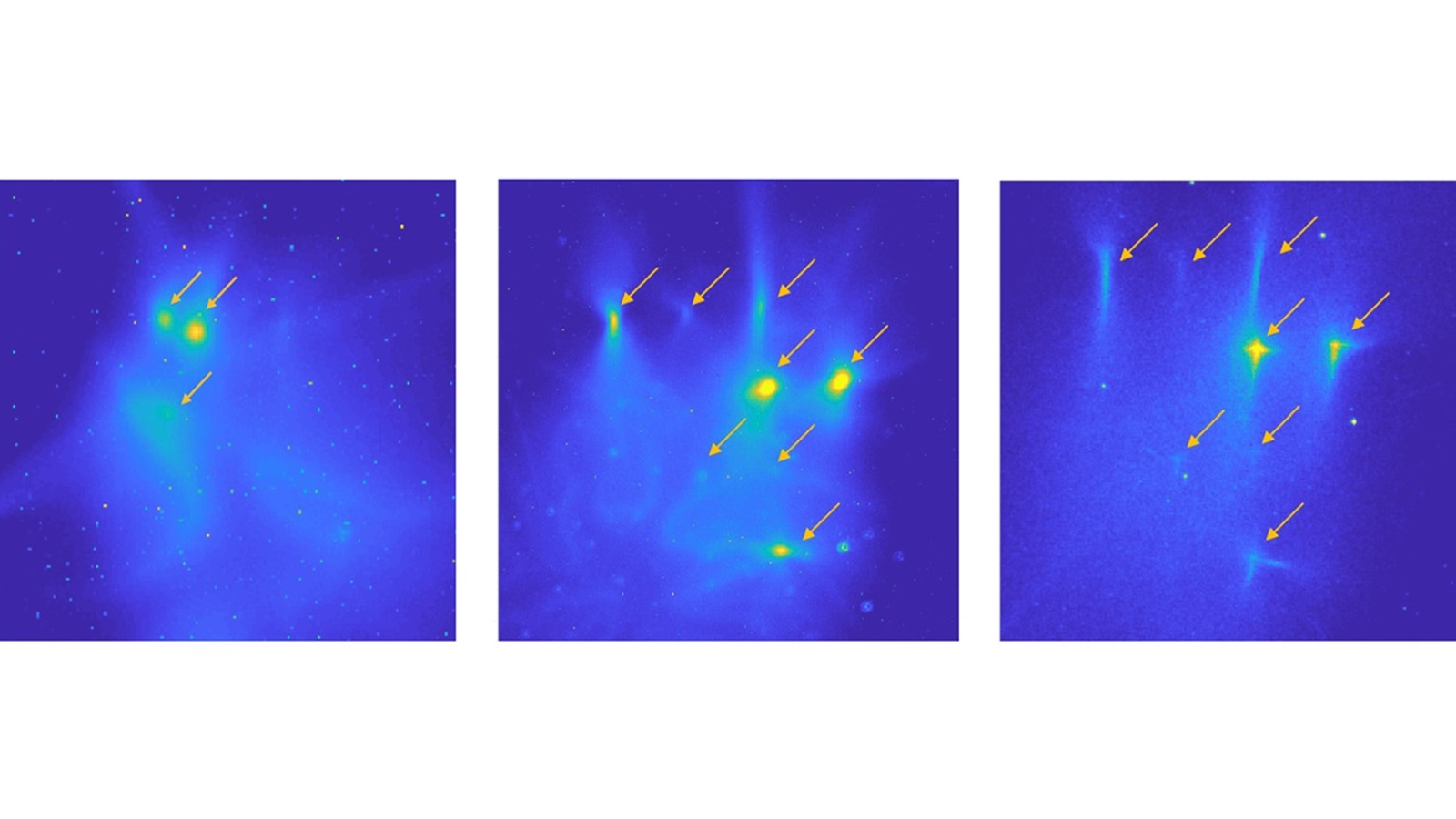 Electron beamlets as observed on YAG screens at varying distances from a cathode source