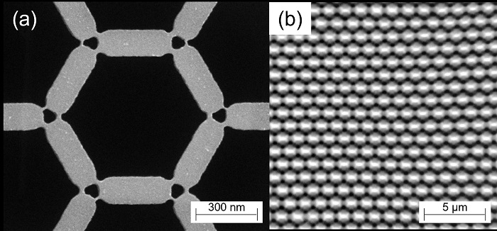 Scanning electron micrograph of the lithographically generated artificial kagome spin ice showing the nanoscale permalloy magnets asymmetrically connected by magnetic bridges