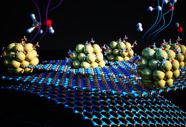 Illustration of the 2D boron nitride substrate with imperfections that host tiny nickel clusters