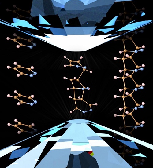 Artist’s conception showing how guided diamond nanothread synthesis occurs when the starting material is compressed between the points of two diamonds