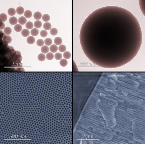 Matrices used to build bioactive nanocomposites with silver ions: spherical nanosilica (top) and porous aluminum oxide (bottom; transverse view on the right).